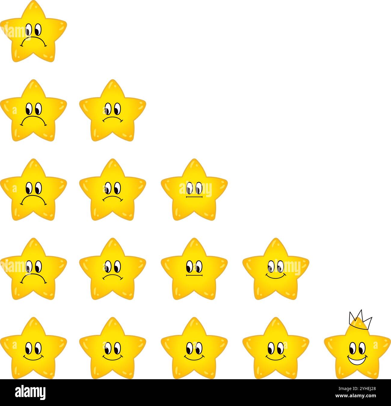 Stars mit Zeichentrickbewertung. Lustiger gelber Stern mit verschiedenen Emotionen. Niedliche Rezensionen oder Feedback-Charaktere. Entzückende charmante Bewertungen heutzutage Vektorelemente Stock Vektor