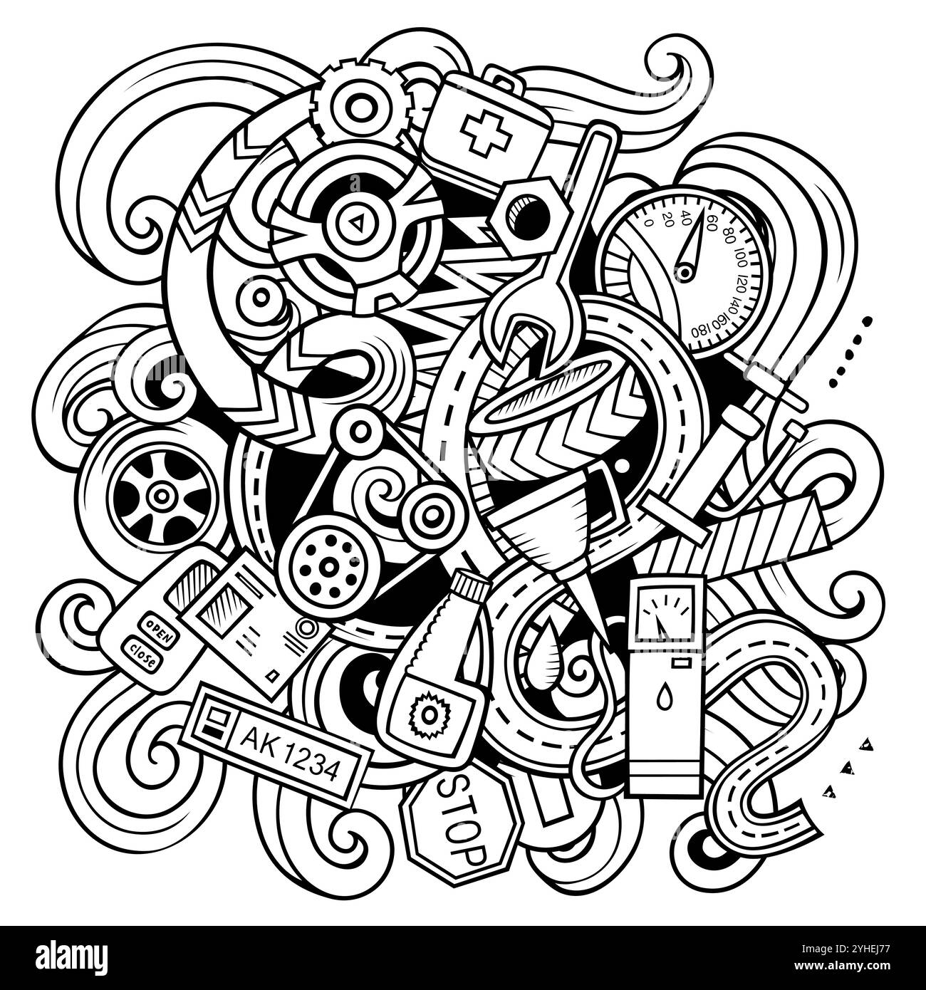 Autom. Service Cartoon-Vektor-Illustration. Skizzenhafte, detaillierte Komposition mit vielen Objekten und Symbolen im Automobilbereich Stock Vektor