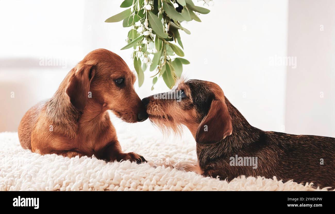 Zwei süße Mini-Dachshund-Würstchen unter der Mistel teilen sich einen süßen Moment, küssen auf der Nase auf einer weißen flauschigen Decke, in einem modernen Zimmer, Seasona Stockfoto