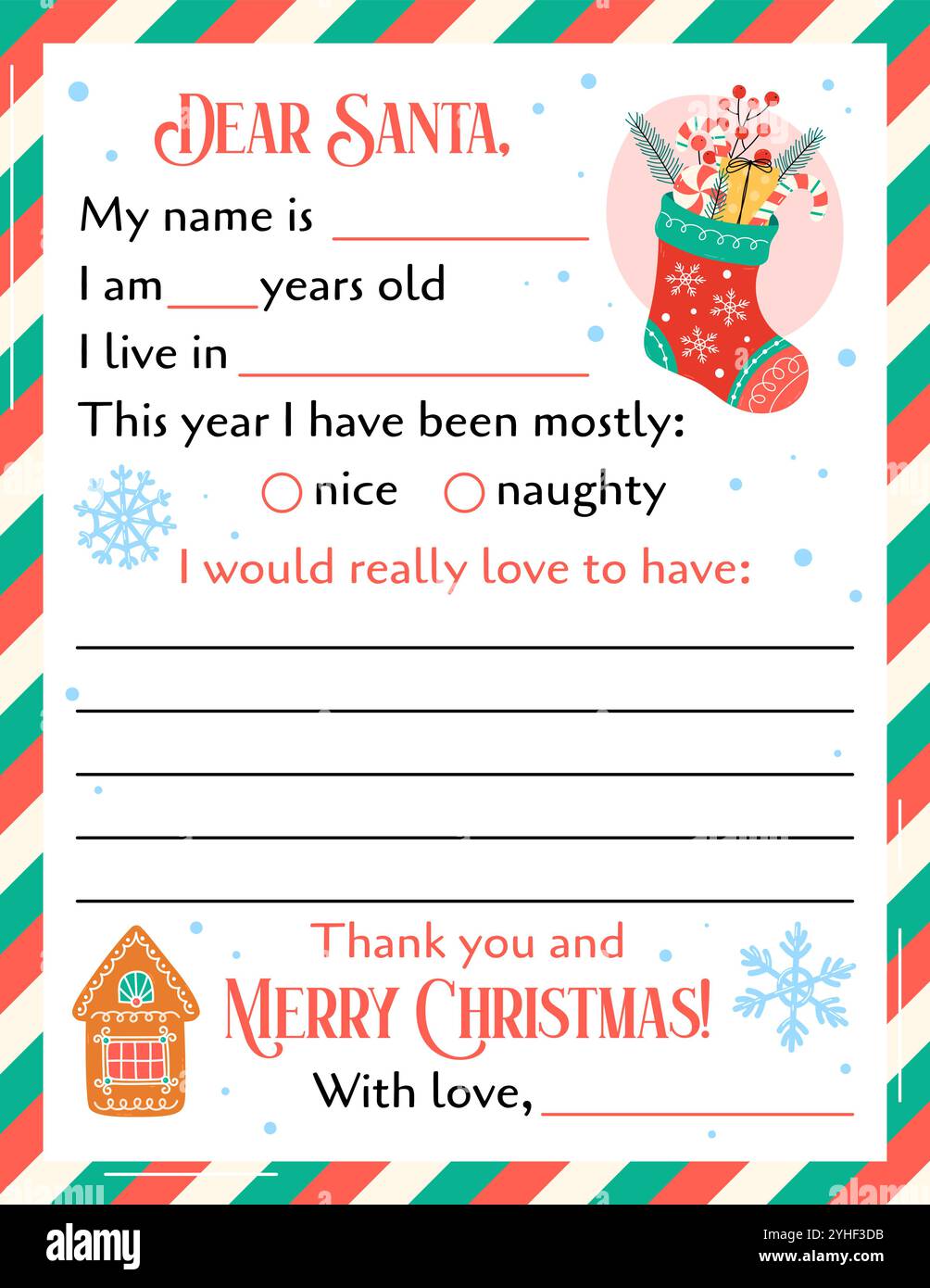 Vorlagenvektor Brief an Santa. US Letter Format. Sehr geehrter Weihnachtsmann, druckbare Seite. Kinder Weihnachten Wunschliste blank isoliert. Geschenkliste für Kinder Stock Vektor