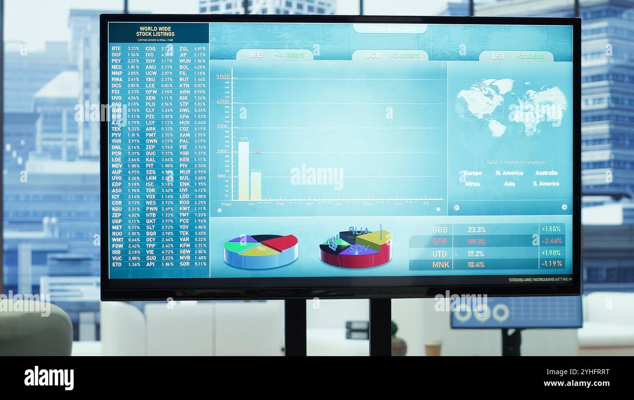 Mitarbeiter des Unternehmens studieren Infografiken auf einem Tablet während eines gemeinsamen Meetings und nutzen dabei die neuesten Budgetberichte und Tools zur Datenvisualisierung, um Projektziele zu erreichen. Kamera A.. Stockfoto