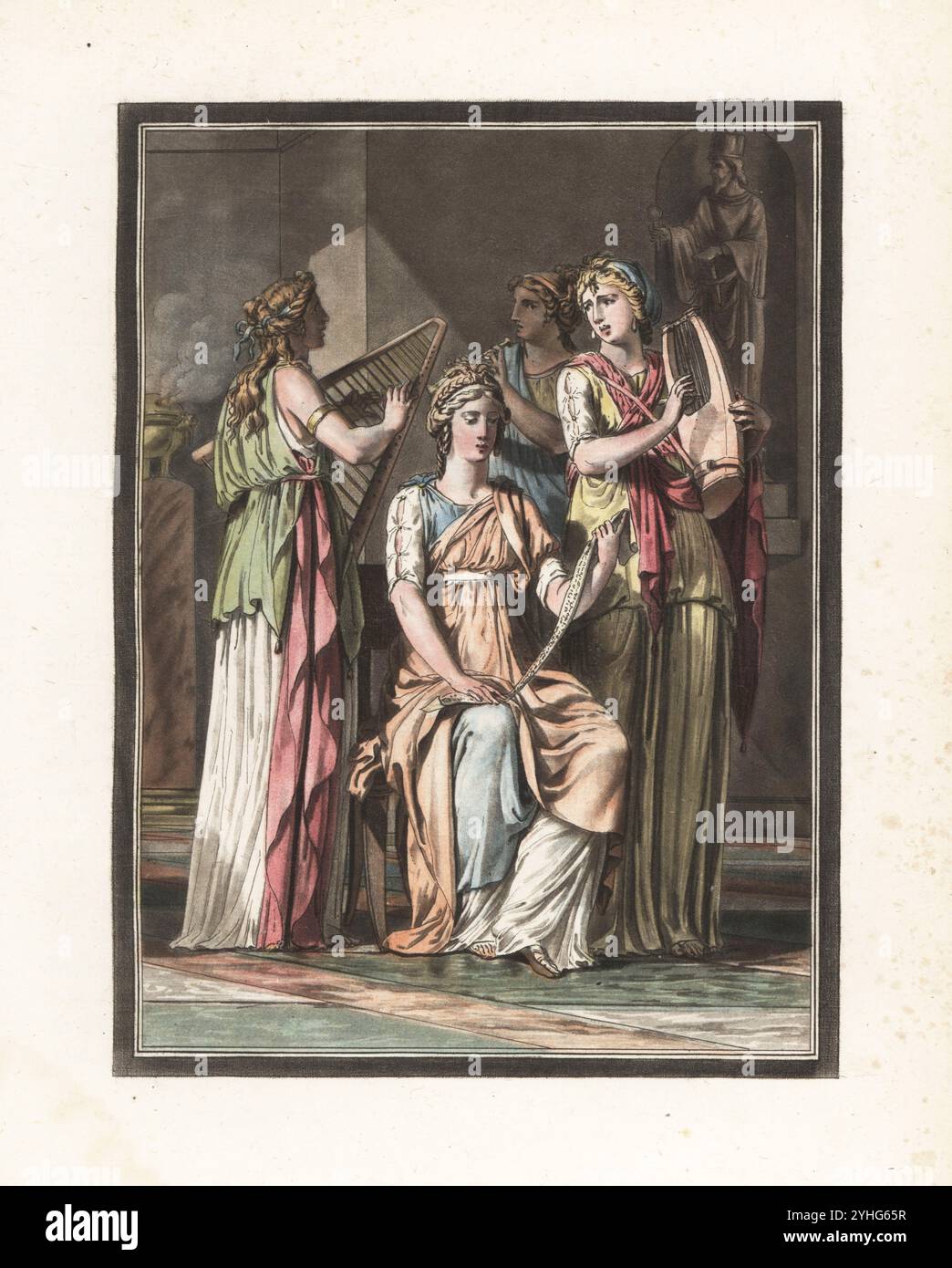 Chor jüdischer Frauen im Gefolge der Königin Esther von Persien, Charaktere in Racines Tragödie Esther 1689. Frauen in Tuniken und Gewändern, ihre Haare in Zöpfen und Korkenzieherlocken, spielen Harfe, Leier und Horn. Das sitzende Mädchen hält ein Notenblatt. Choeur des Filles Israelites de la Suite d'Esther. Handkolorierter Kupferstich nach einer Illustration von Philippe Chéry aus Jean-Charles Le Vacher de Charnois Recherches sur les Kostüumes et sur sur les Theatres de Toutes les Nations, M. Drouhin, Paris, 1790. Stockfoto