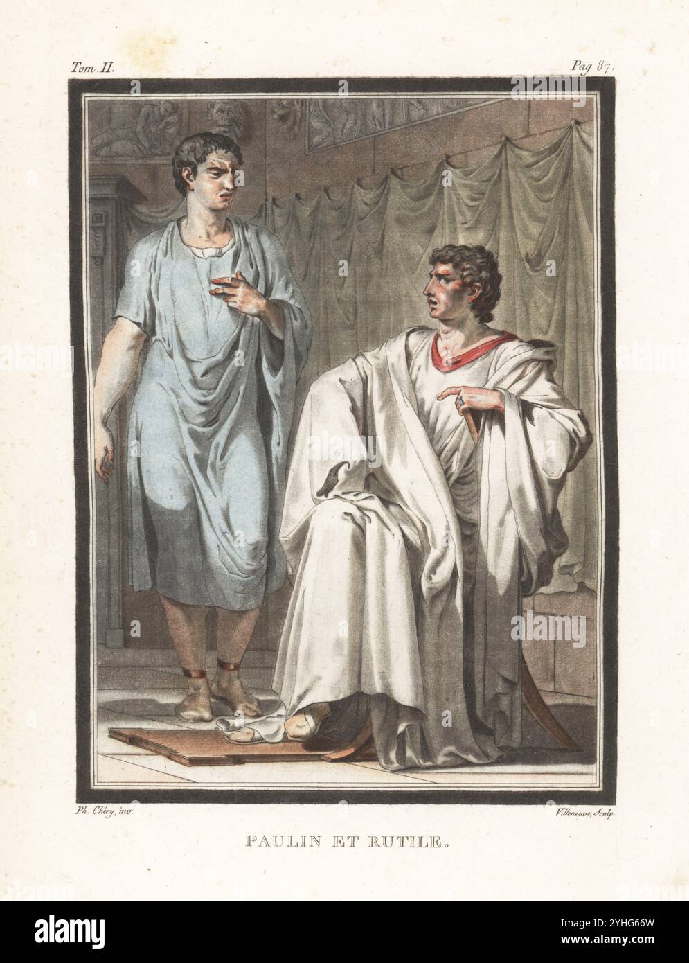 Paulin, Vertrauter des Königs Antiochus von Comagene in blauer Tunika, und Rulite, eine römische Toga in weißer Kleidung auf einem Stuhl, Charaktere in Jean Racines Tragödie Berenice, 1670. Paulin et Rutile. Handkolorierter Kupferstich von Villeneuve nach einer Illustration von Philippe Chéry aus Jean-Charles Le Vacher de Charnois Recherches sur les Kostüumes et sur les Theatres de Toutes les Nations, M. Drouhin, Paris, 1790. Stockfoto