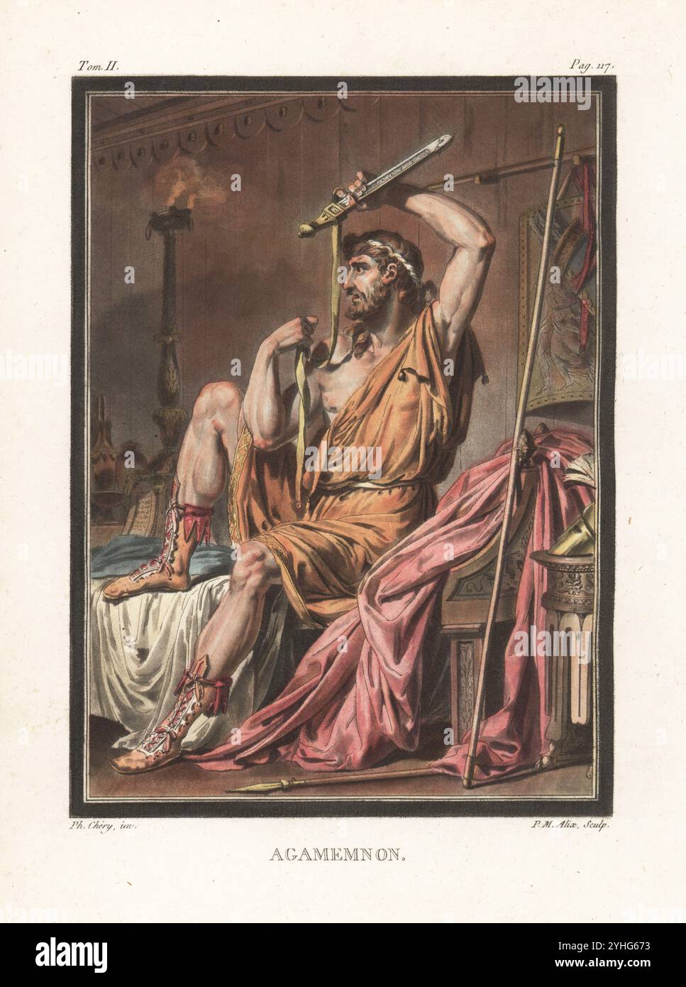 Agamemnon, König von Mykene, Figur in Racines Trojanischer Kriegstragik Iphigénie (Iphigenie) 1674. Mann in Diadem, kurzer Tunika, geschnürten Stiefeln, mit Schwert, lila Mantel auf dem Bett, Kerzenleuchter und Waffen in einem Militärlager. Handkolorierter Kupferstich von Pierre-Michel Alix nach einer Illustration von Philippe Chéry aus Jean-Charles Le Vacher de Charnois Recherches sur les Kostüumes et sur les Theatres de Toutes les Nations, M. Drouhin, Paris, 1790. Stockfoto