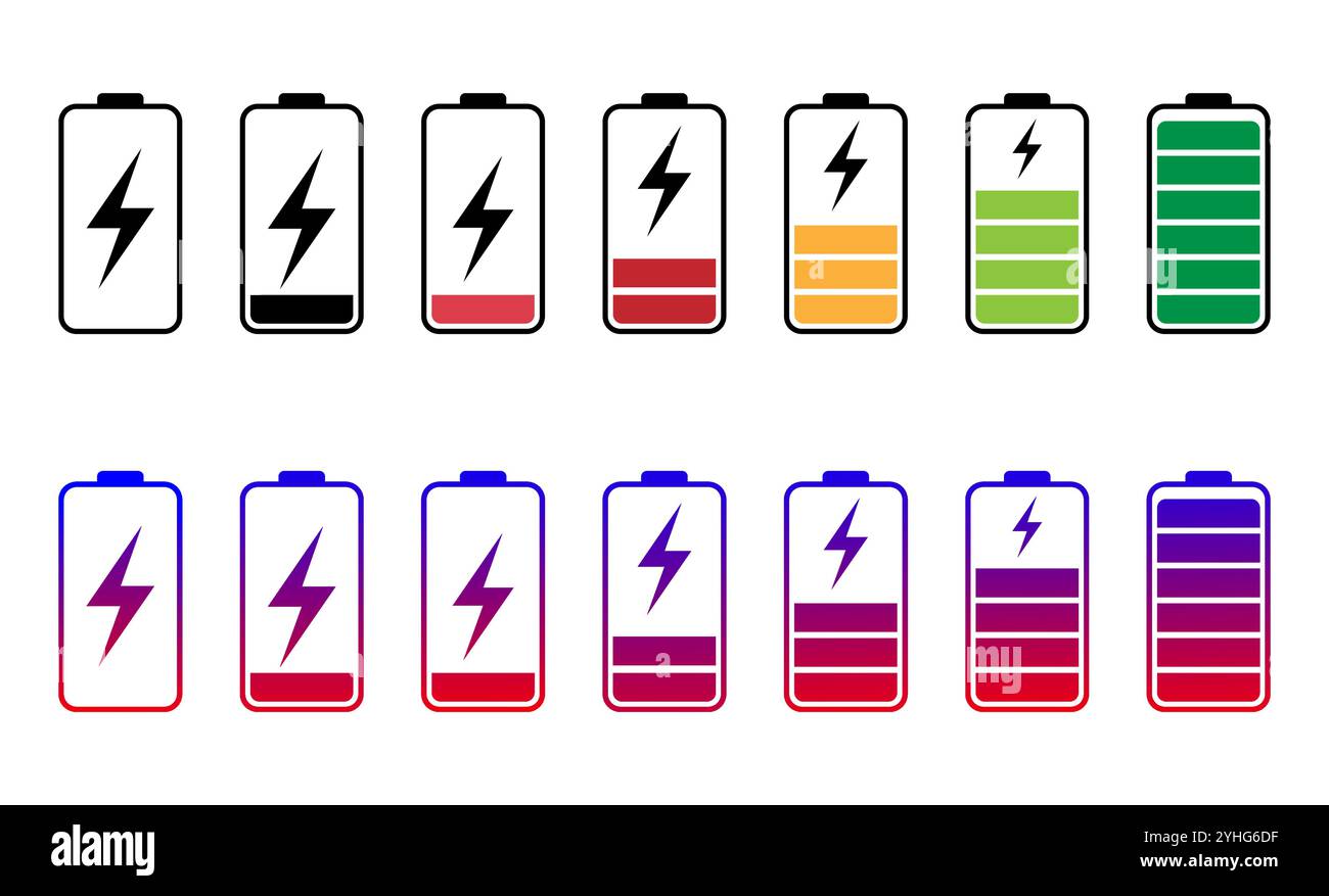 Symbole für entladenen und vollständig geladenen Akku. Batterieladung von niedrig zu hoch. Vektorabbildung der Symbole der Batterieladeanzeige. Stock Vektor