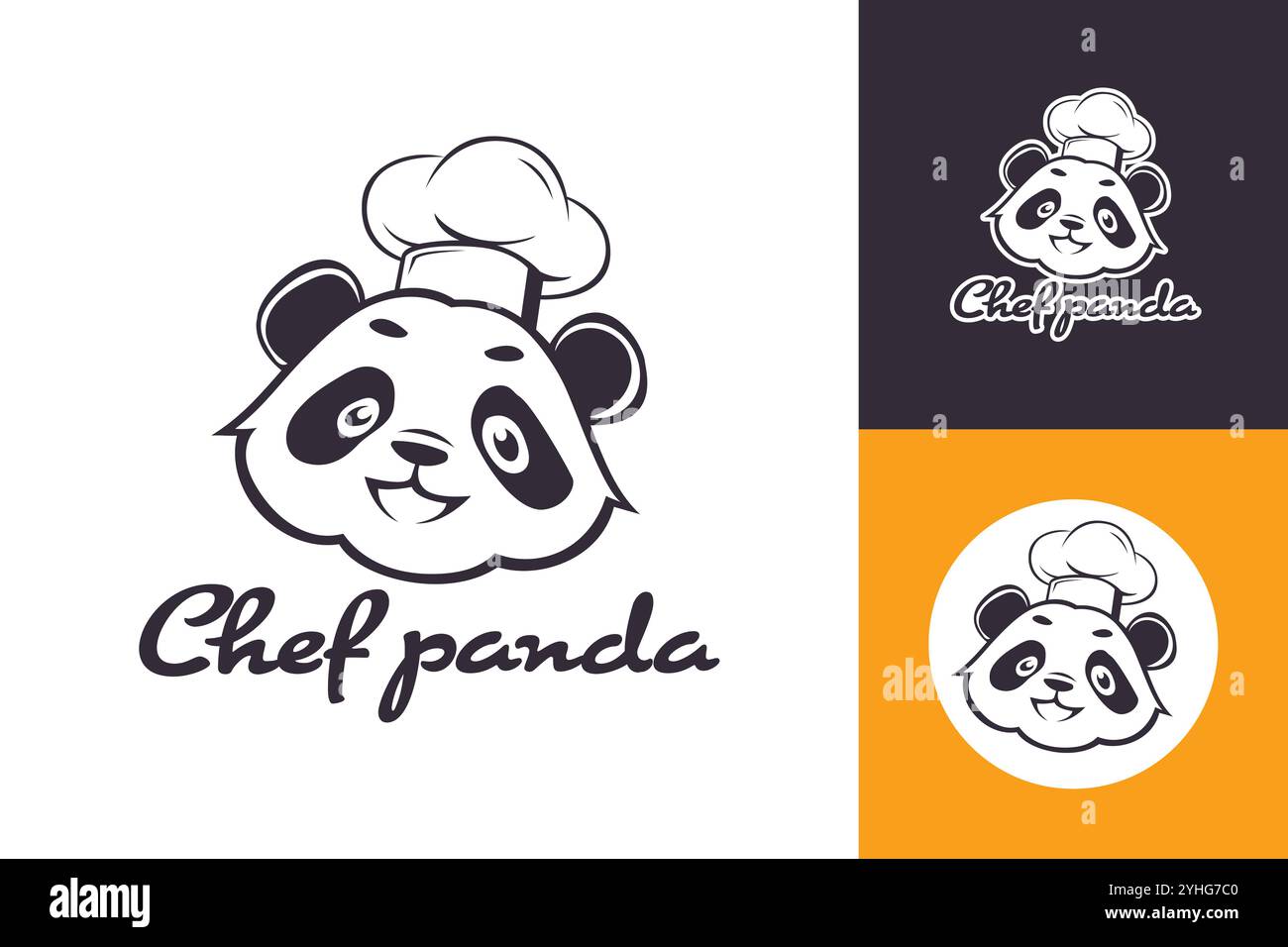 Ein Cartoon-Panda mit Kochmütze und dem Text „Chef Panda“ darunter, der ein kulinarisches Geschäft darstellt. Stock Vektor