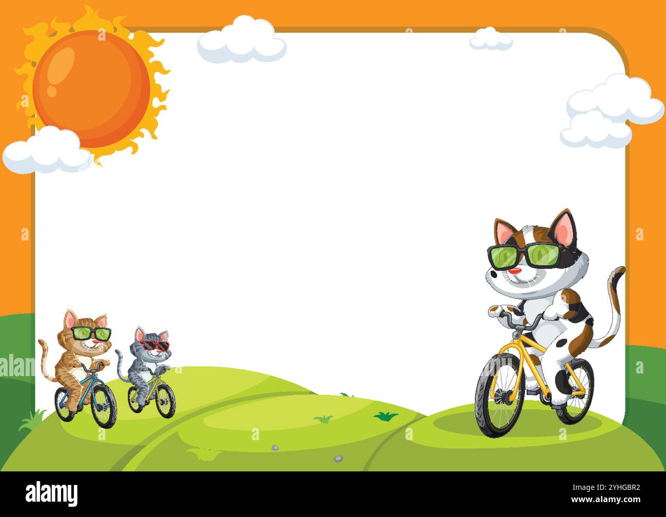 Katzen, die unter strahlender Sonne Fahrrad fahren Stock Vektor