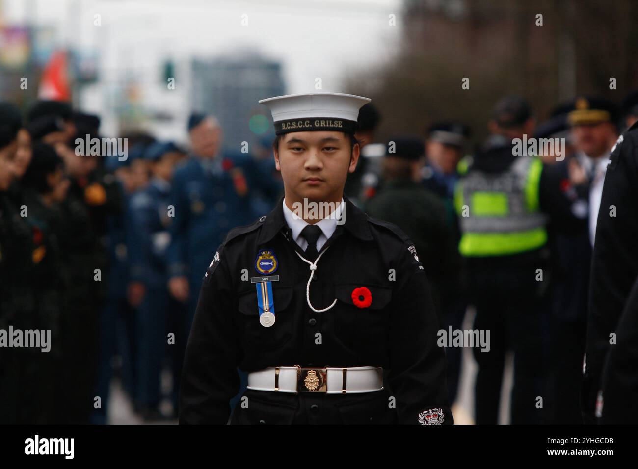 Vancouver, BC – 11. NOVEMBER: Eine kanadische Armee marschiert in der Port Moody Remembrance Day Parade. Vancouvers Gedenkfeier findet seit 100 Jahren ohne Unterbrechung statt und ist damit die am längsten laufende jährliche Veranstaltung in der Stadt. (Foto: Tomaz Jr/ Credit: PX Images/Alamy Live News Stockfoto