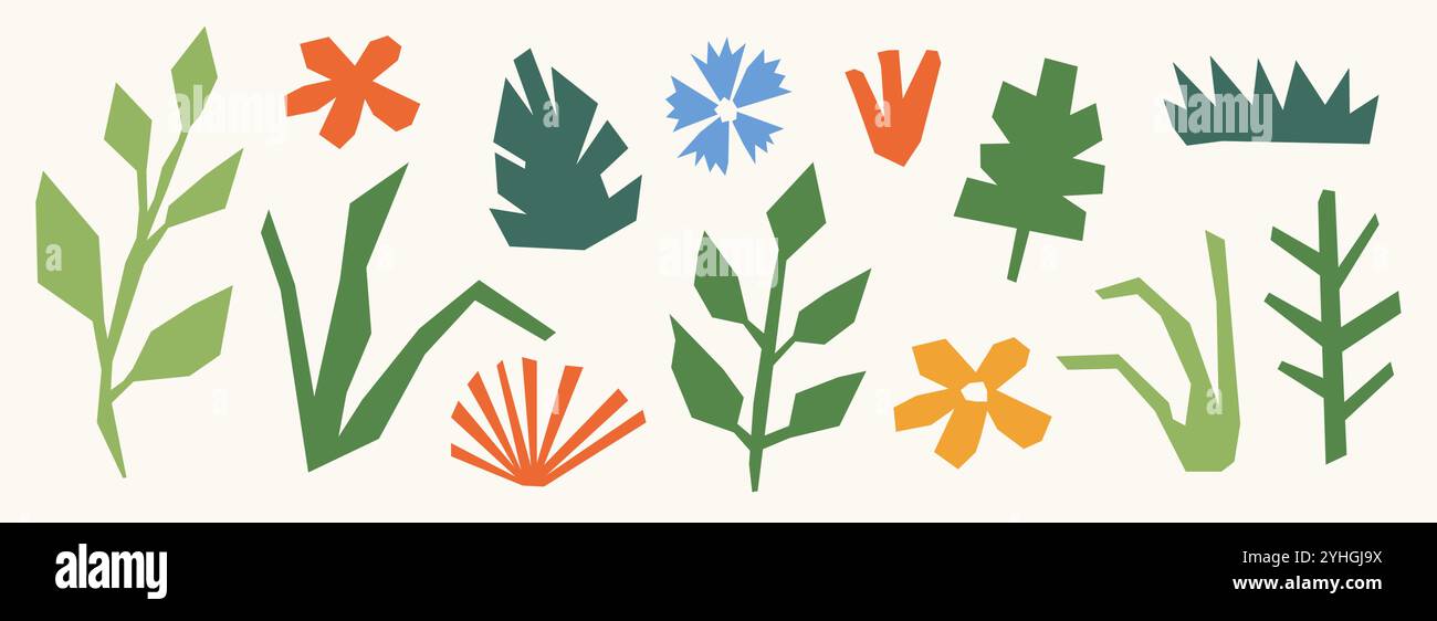 Die Kollektion „Organic Paper Elements“ ist ganz einfach. Farbenfrohes Set mit abstraktem Blumendesign. Kindergarten Pflanzen, Blumen, Blätter Bündel zur Dekoration, Poster, Banner, Druck. Kinder-Illustration-Paket. Vektor Stock Vektor