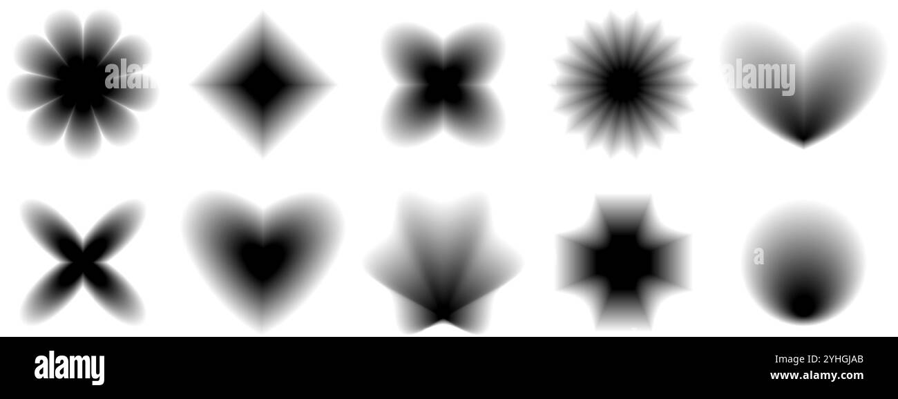 Schwarzes, glattes, verschwommenes Verlaufsformular. Grunge Gothic Blurry Aura Shape Kollektion. Verblasste abstrakte Elemente für Poster, Vorlage, Abzeichen, Aufkleber, Collage. Vektorblume, Stern, Welle und Herzpack Stock Vektor