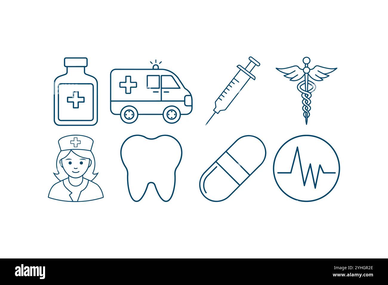 Einfacher Satz medizinischer Vektorlinien-Symbole. Enthält Symbole, Verordnung, medizinisches Symbol Set, Schwesternsymbol, medizinische Versorgung und Diagnose. Stock Vektor