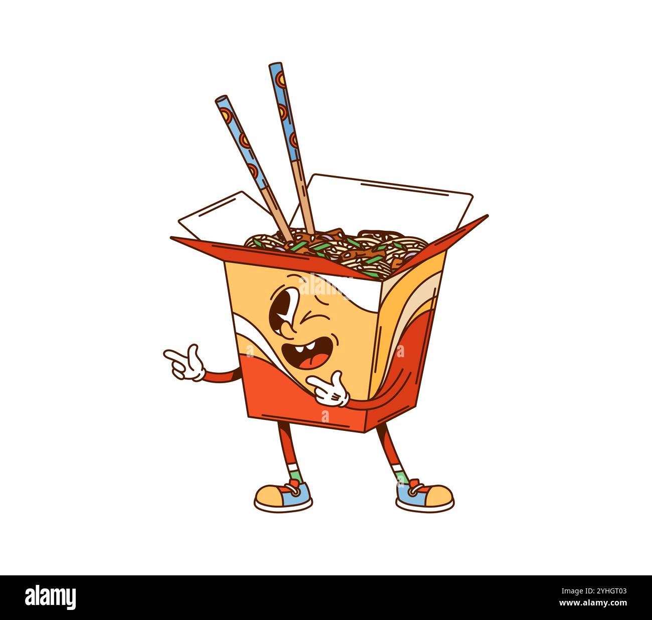 Cartoon groovige Wok Box Fast Food Charakter. Isoliertes Vektor-Nudelpaket zum Mitnehmen mit Stiften. Retro-Persönlichkeit mit fröhlichem Ausdruck und Stäbchen, die herausragen, verströmt unbeschwert appetitliche Vibes Stock Vektor