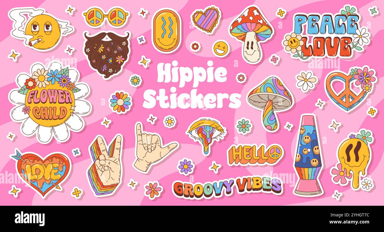 Groovige Hippie y2k Symbole Aufkleber Pack. Retro-Flecken mit Friedenszeichen, Flower Power Motiven, Lavalampe, Pilzen und Phrasen wie Blumenkind und groovige Vibes feiern freigeistige Hippie-Kultur Stock Vektor