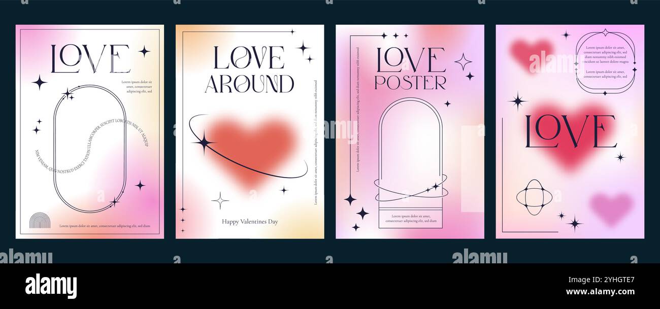 Ästhetische y2k-Poster mit Verlaufsverlauf zum Valentinstag mit verschwommenen Herzformen und modernen Linienrahmen. Valentinskarten-Vektorvorlagen mit abstrakten grafischen Elementen, minimalistischen Herzen, Sternen und Glitzern Stock Vektor