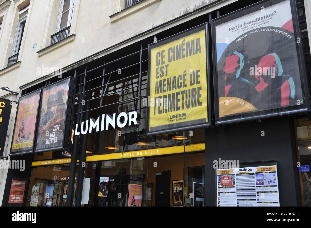 FRANKREICH. PARIS (75) 4 EME ARRONDISSEMENT. QUARTIER DU MARAIS. CINEMA LUMINOR (FILMUNABHÄNGIGER ET D'ART ET D'ESSAI) DROHTE ZU SCHLIESSEN Stockfoto