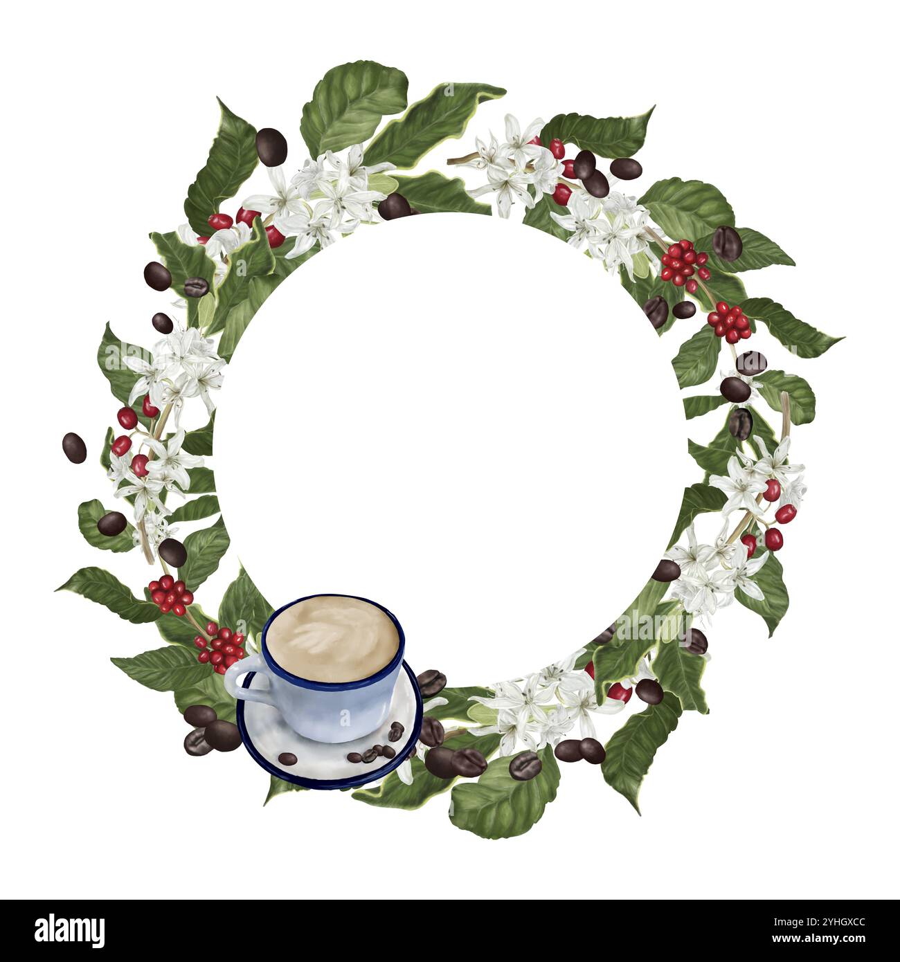 Kaffeebaumzweige und rote Beeren. Digitale Aquarellabbildung. Porzellanbecher auf einer Untertasse, isoliert auf weißem Hintergrund. Ein Kranz aus Zweigen, ich Stockfoto