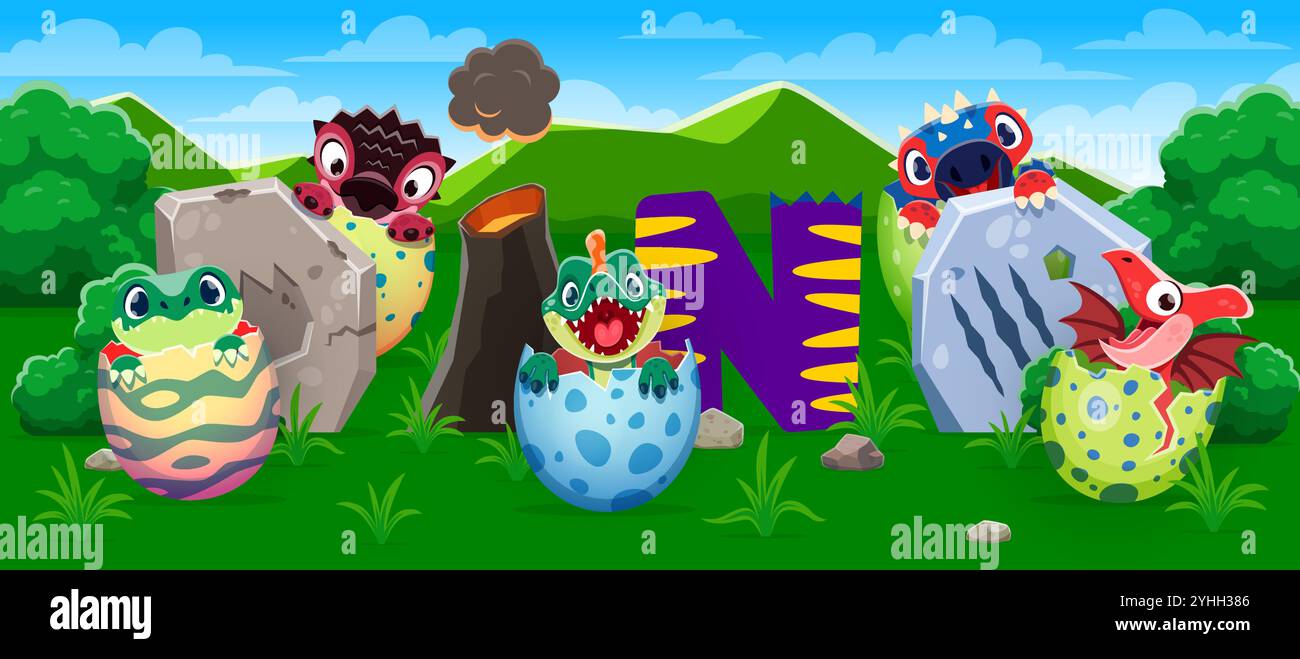 Lustige süße Dino-Kinder-Charaktere in Eiern auf prähistorischer Naturlandschaft Vektor-Hintergrund. Cartoon-Baby-Dinosaurier schlüpfen aus Eierschalen und Dino-Buchstaben Schriftart aus vulkanischem und fossilem Fußabdruck Stock Vektor