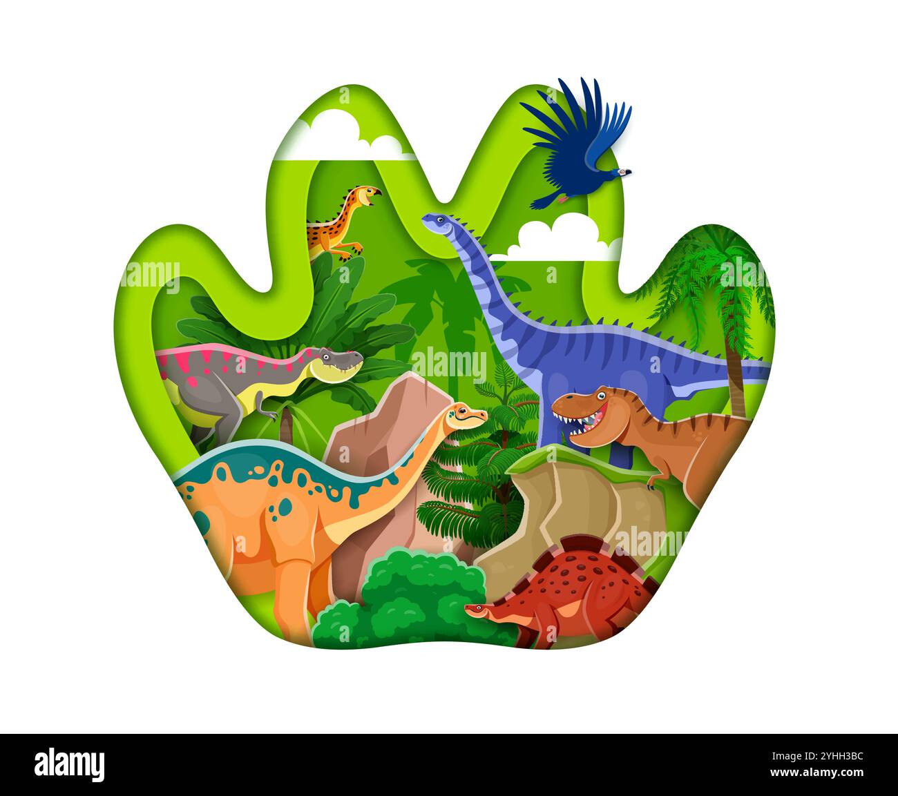 Prähistorisches Dinosaurierpapier mit Vektor-Dino-Charakteren und Dschungelwald-Naturlandschaft. Cartoon tyrannosaurus rex, Hypselosaurus und Wuerhosaurus in 3D-Papierschnitt-Fußabdruckrahmen Stock Vektor