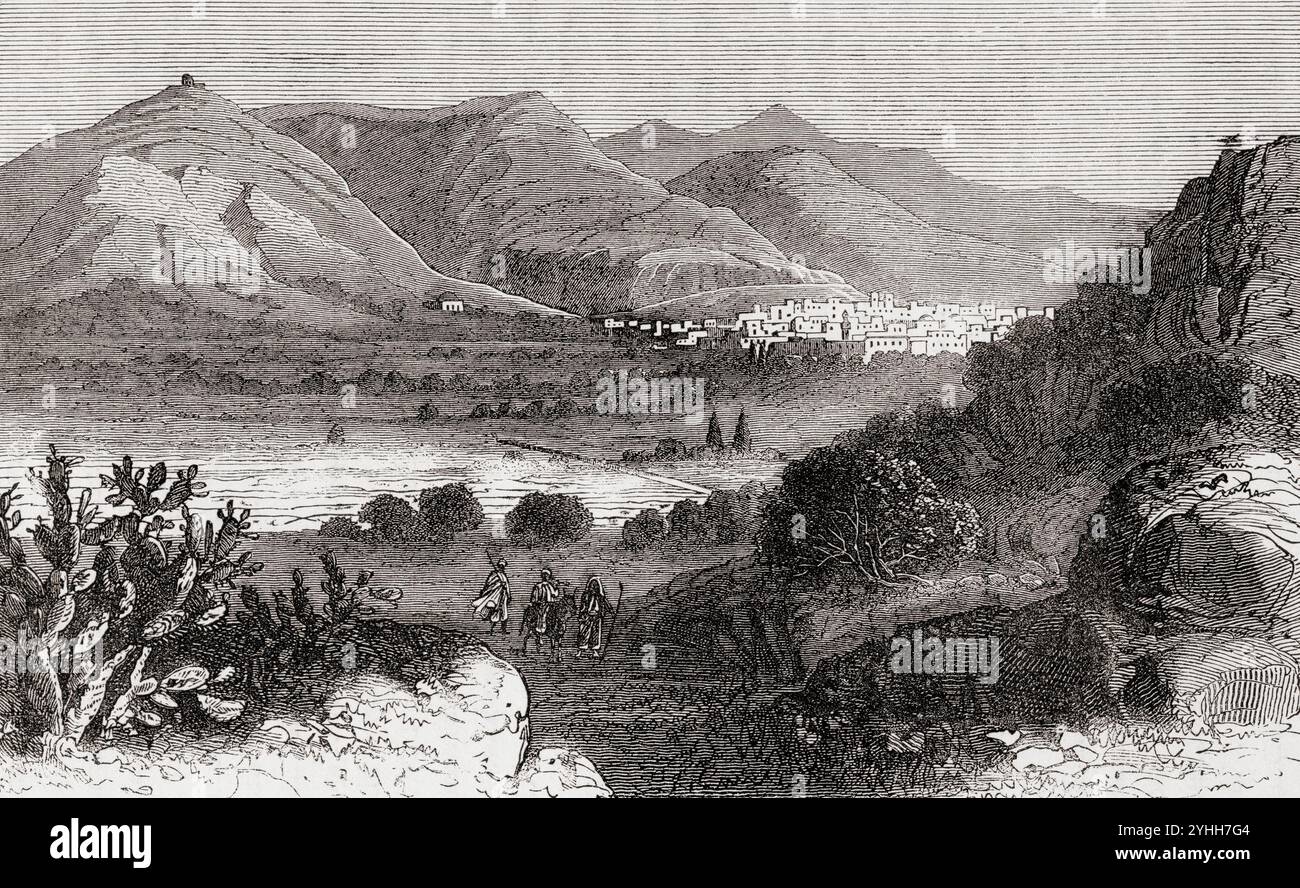 Die Berge Ebal und Gerizim, Nablus, Palästina. Nach der Bibel feierten die Israeliten ihren Einzug nach Kanaan mit Segnungen und Fluchen, die Segnungen fanden auf dem Berg Gerizim und die Fluche auf dem Berg Ebal statt. Aus Pictorial Sketches from Bible Lands, veröffentlicht um 1880 Stockfoto