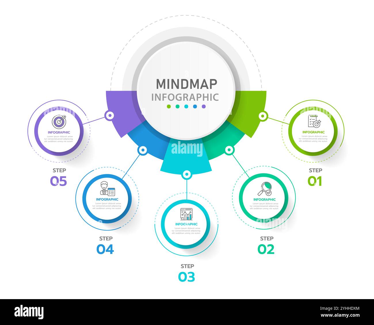 Infografikvorlage für Unternehmen. 5 Schritte modernes Mindmap-Diagramm mit Kreisen Themen, Präsentationsvektor-Infografik. Stock Vektor