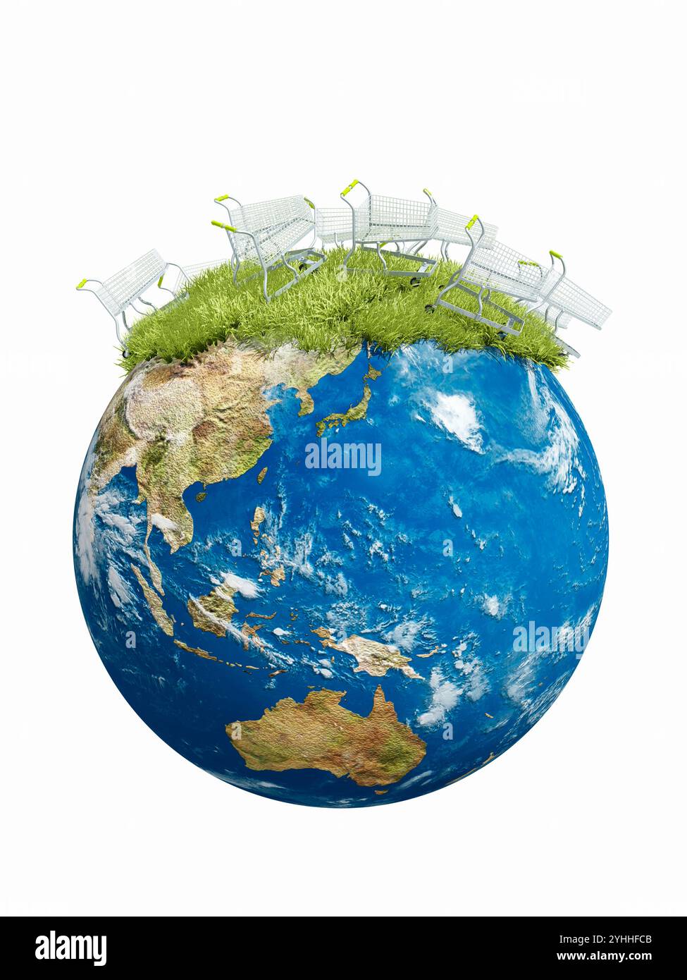Gras auf der Erde und mehrere Einkaufswagen Stockfoto