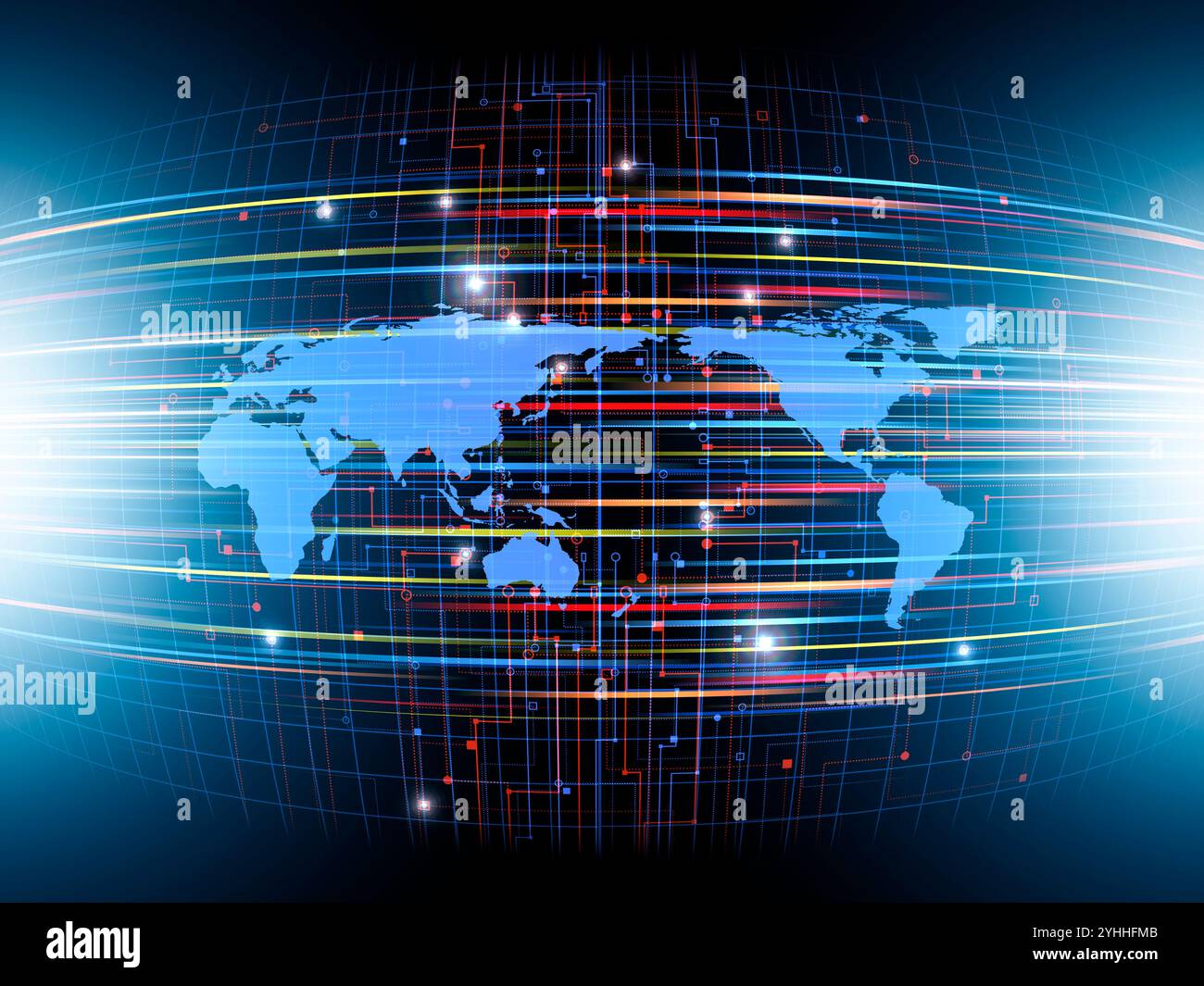 Schaltkreise und Lichtstrahlen durchqueren die Weltkarte Stockfoto
