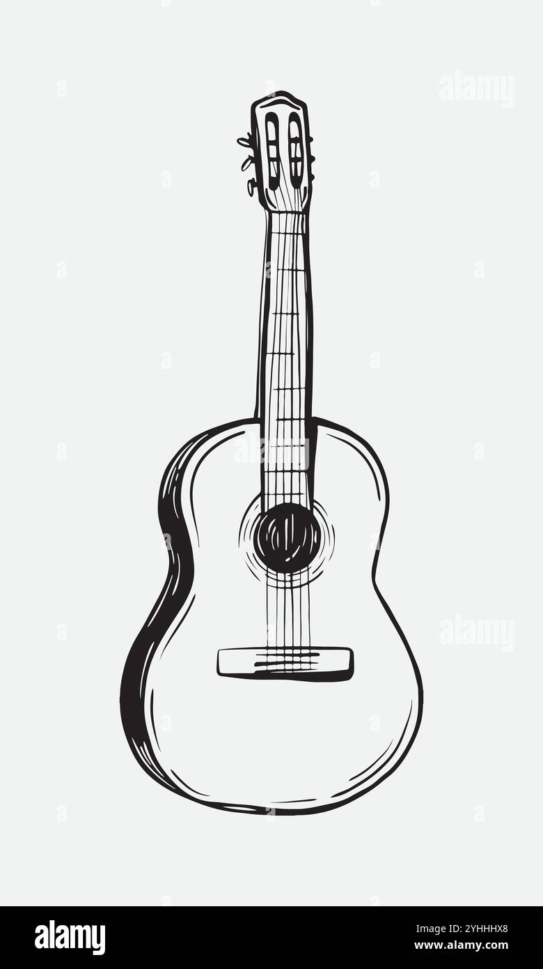 Akustische Gitarrenvektor-Illustration im Doodle-Stil. Skizze eines klassischen spanischen Musikinstruments. Handzeichnung Zeichnen Sie eine 6-saitige Gitarre. Färbung für Stock Vektor