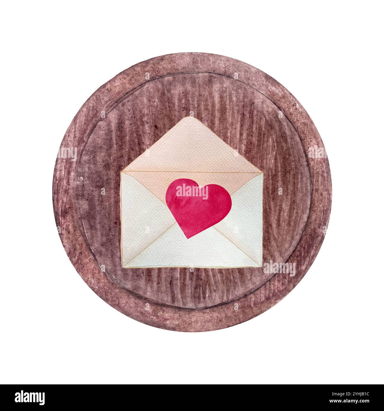 Ein offener Umschlag mit einem roten Herzen auf einem Holztablett Aquarellrahmen isoliert auf weiß. Handgezeichnete Kunst. Einfache Stildarstellung für stationäre Zwecke Stockfoto