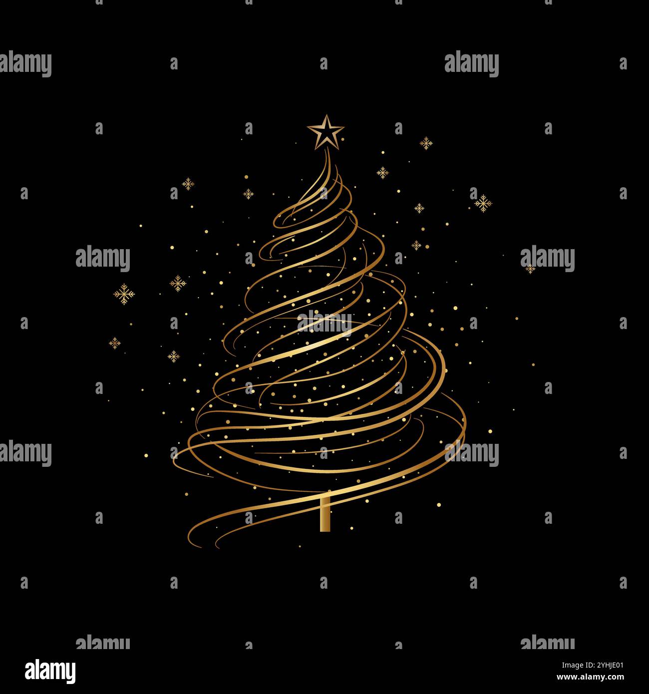 Minimalistischer Weihnachtsbaum aus wirbelnden goldenen Linien auf schwarzem Hintergrund, Vektorillustration Stock Vektor