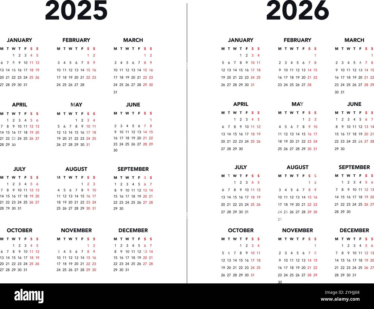 Kalender 2025 und 2026 Vektorvorlagen starten Montag einfache Konstruktion Stock Vektor
