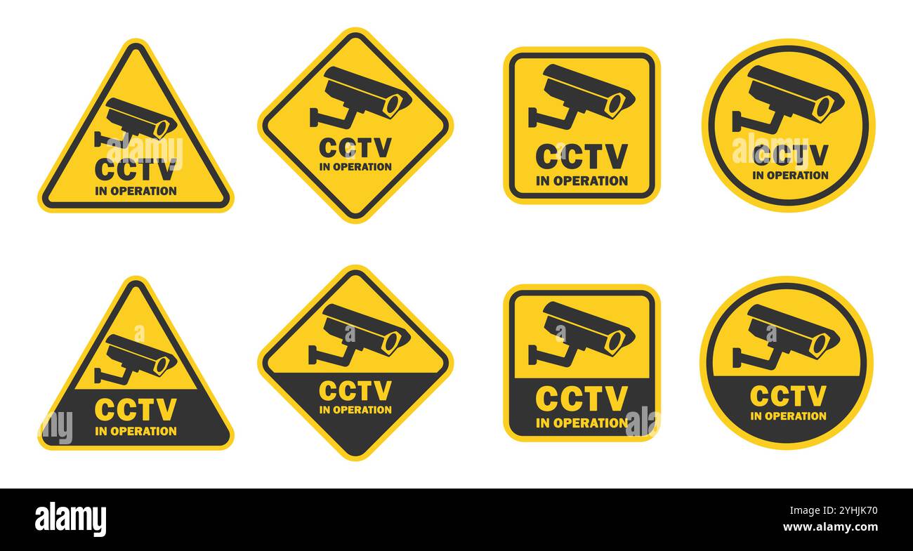 CCTV in Betrieb, gelbes schwarzes Schilderset. Symbol für Sicherheitskameras in Verwendung. CCTV-Kamera-Logo-Sammlung. Vektorabbildungsbild. Isoliert am Stock Vektor