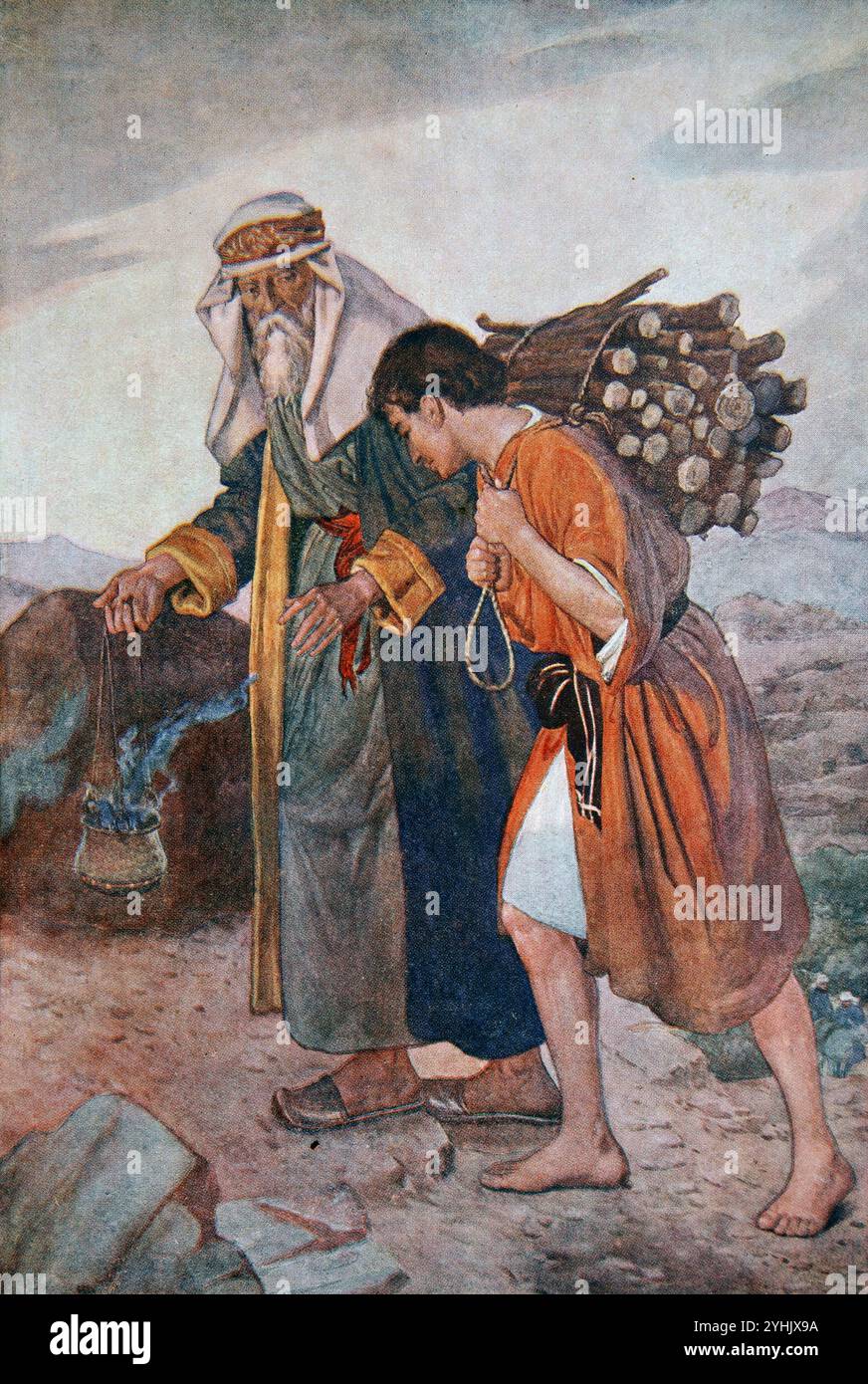 Illustration von Abraham mit Isaak, der den Wald für sein Opfer auf den Berg Moriah trug (Genesis) aus dem Antique Children's Book Boys of the Bible von E Stockfoto
