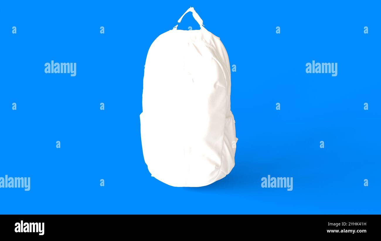 Weißer Rucksack mit blauem Hintergrund Stockfoto