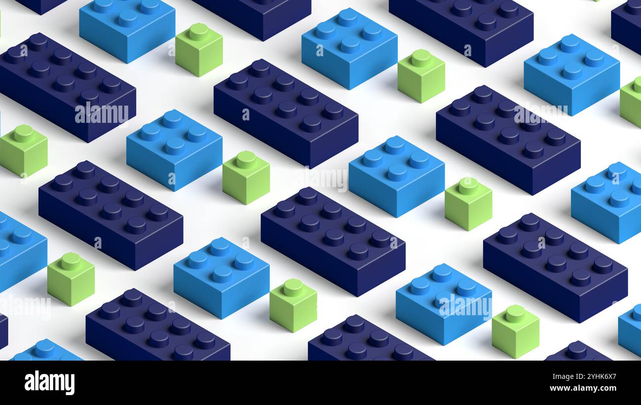 Spielzeugblöcke aus Kunststoff. Ziegel. 3D-Abbildung. Stockfoto