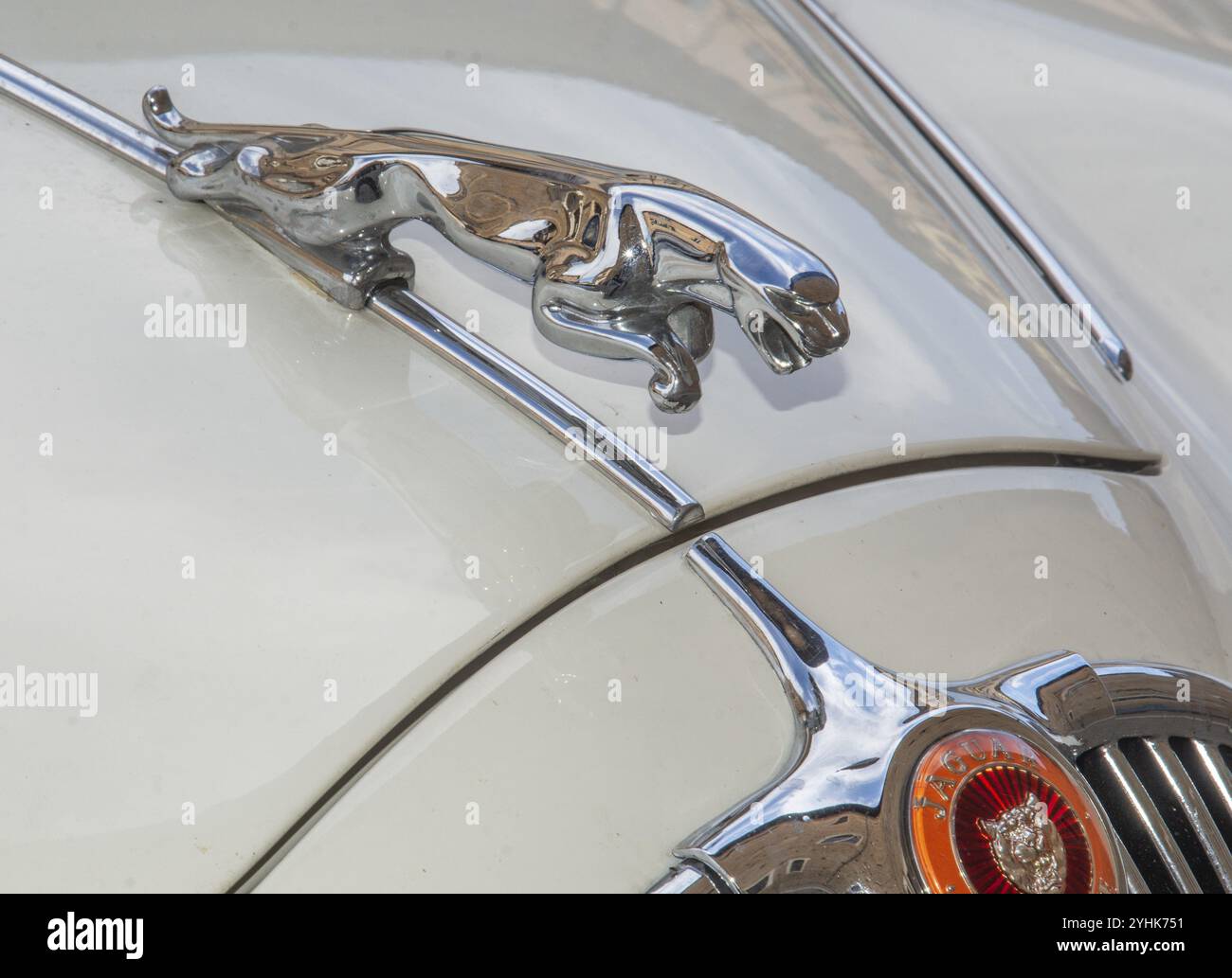 Verzierung der Motorhaube an einem Jaguar Auto Stockfoto