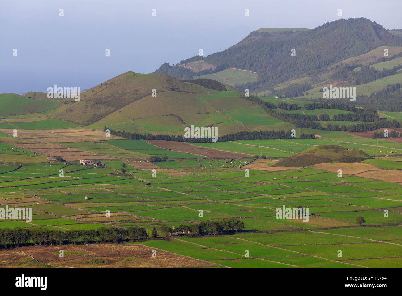 Miradouro da Serra do Cume ist ein Aussichtspunkt in den Bergen der Serra do Cume mit Blick auf das „Flickwerk“ (grüne Weiden) in Terceira, Azoren. Stockfoto