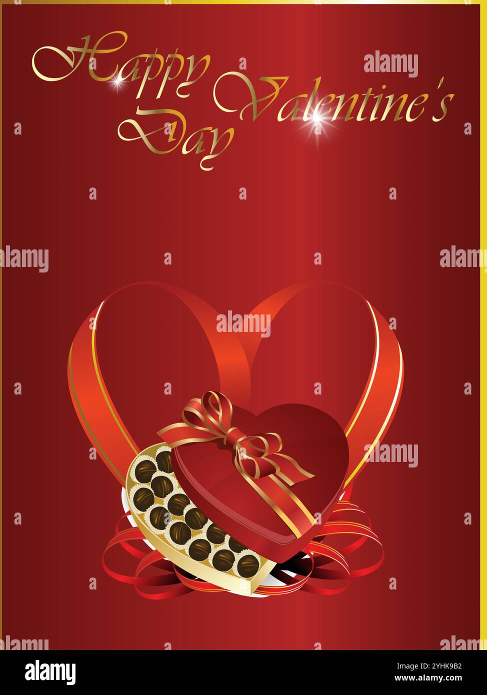 Rote Valentinskarte mit Herz und Schokoladenbox. Die Karte ist mit Gold- und roten Farben verziert. Happy Valentine Day mit Happy Romance Dati Stock Vektor