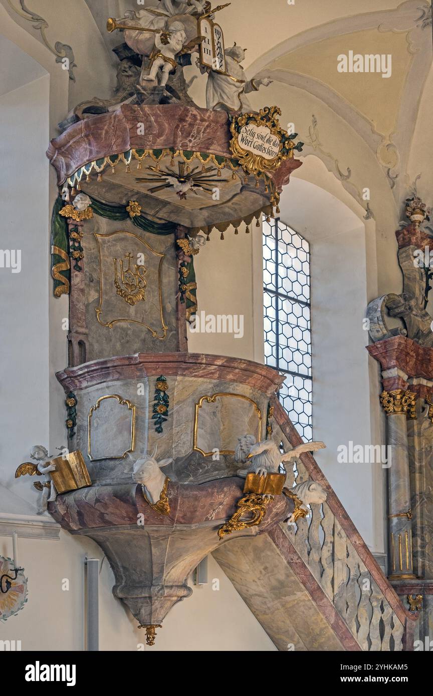 Die Kanzel, Pfarrkirche St. Alexander, Ofterschwang, Allgaeu, Bayern, Deutschland, Europa Stockfoto