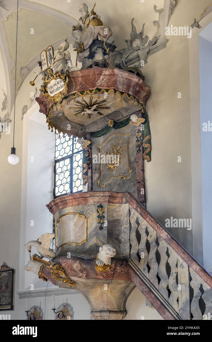 Die Kanzel, Pfarrkirche St. Alexander, Ofterschwang, Allgaeu, Bayern, Deutschland, Europa Stockfoto