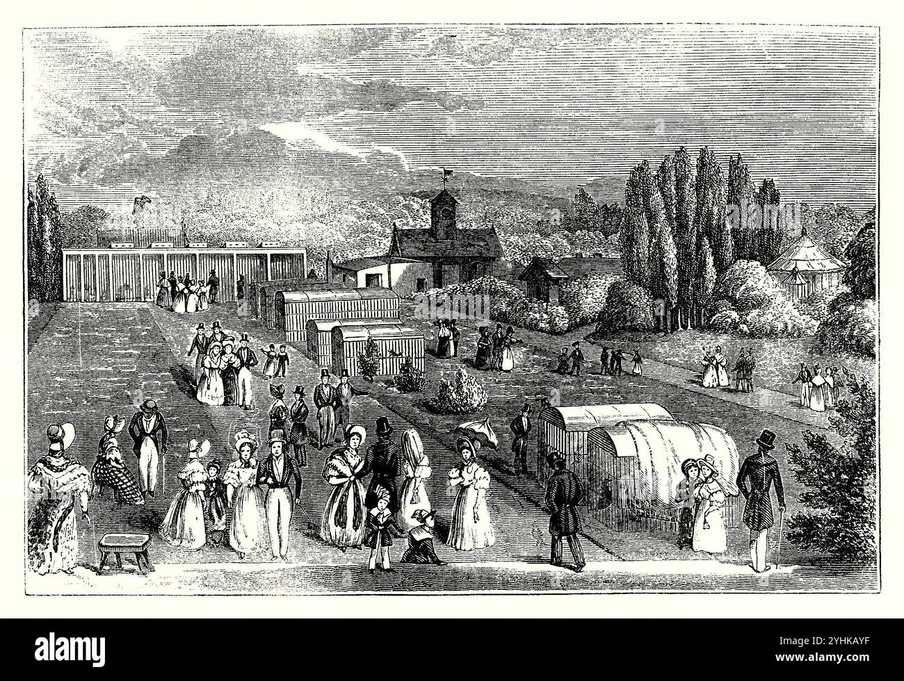 The Zoological Gardens, Regents Park, London – ein alter Stich um 1850. Der Londoner Zoo ist der älteste wissenschaftliche Zoo der Welt. Sie wurde 1828 in London eröffnet und sollte ursprünglich als Sammlung für wissenschaftliche Studien genutzt werden. Es wurde 1847 für die Öffentlichkeit geöffnet, um die Finanzierung zu unterstützen. Stockfoto