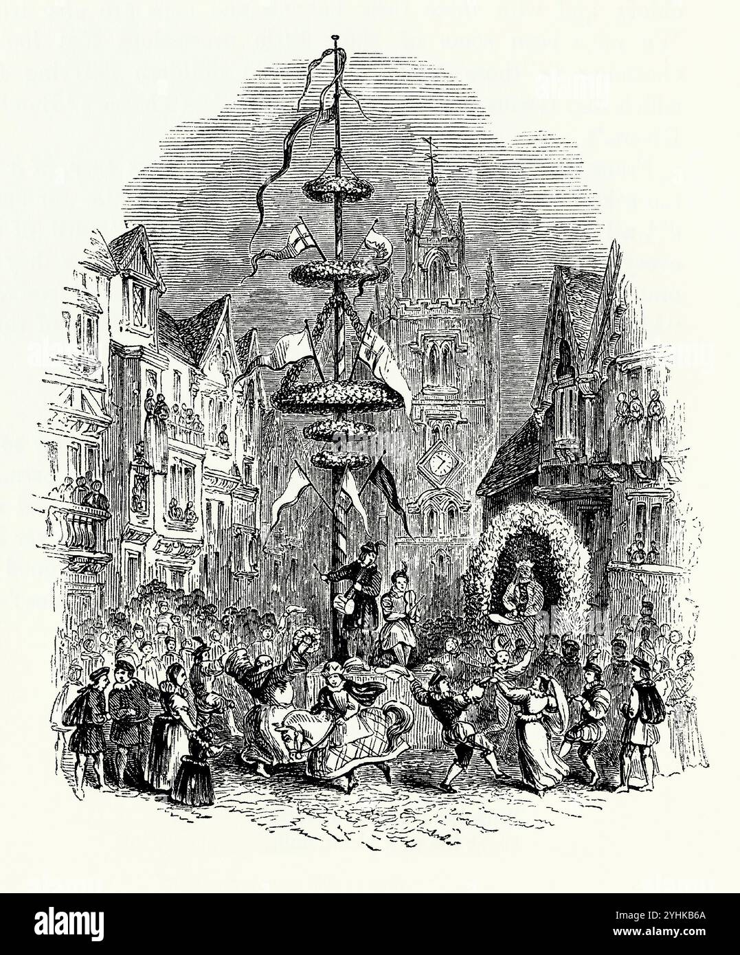 Ein alter Gravur eines beeindruckenden Maypols in der St. Mary Axe in der City of London, England, Großbritannien mit der Kirche St. Andrew Undershaft im Hintergrund. Tänzer und Musiker stehen an der Basis. Die Maiole ist eine hohe Holzstange, die im Rahmen verschiedener europäischer Volksfeste errichtet wird, um die oft ein Maipolentanz stattfindet. Der Maitag ist ein alter Feiertag, der in der Regel am 1. Mai oder am ersten Montag im Mai gefeiert wird. Stockfoto