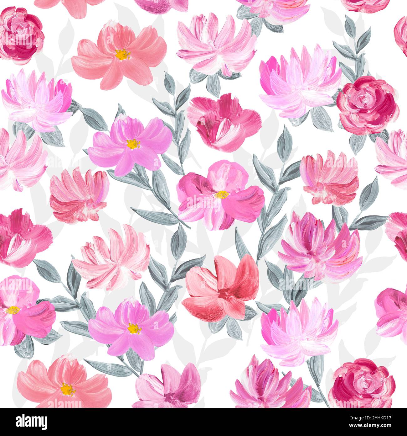 Nahtloses Muster der abstrakten Malerei rosa Blumen, Original handgezeichnet, Impressionismus Stil, Farbtextur, Pinselstriche von Farbe, Kunsthintergrund. Stockfoto