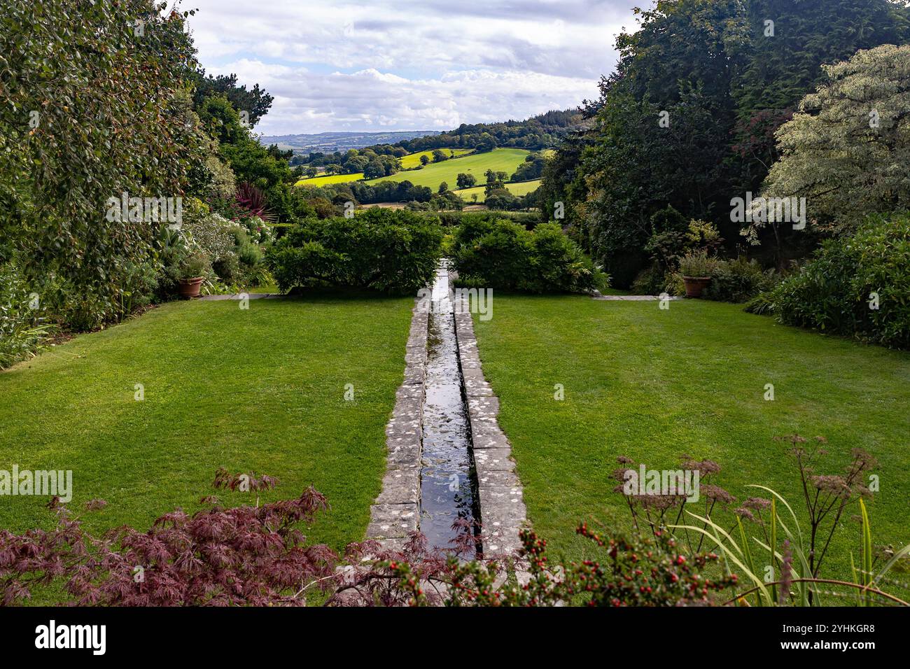 Blick auf die Landschaft in den Burrow Farm Gardens Stockfoto
