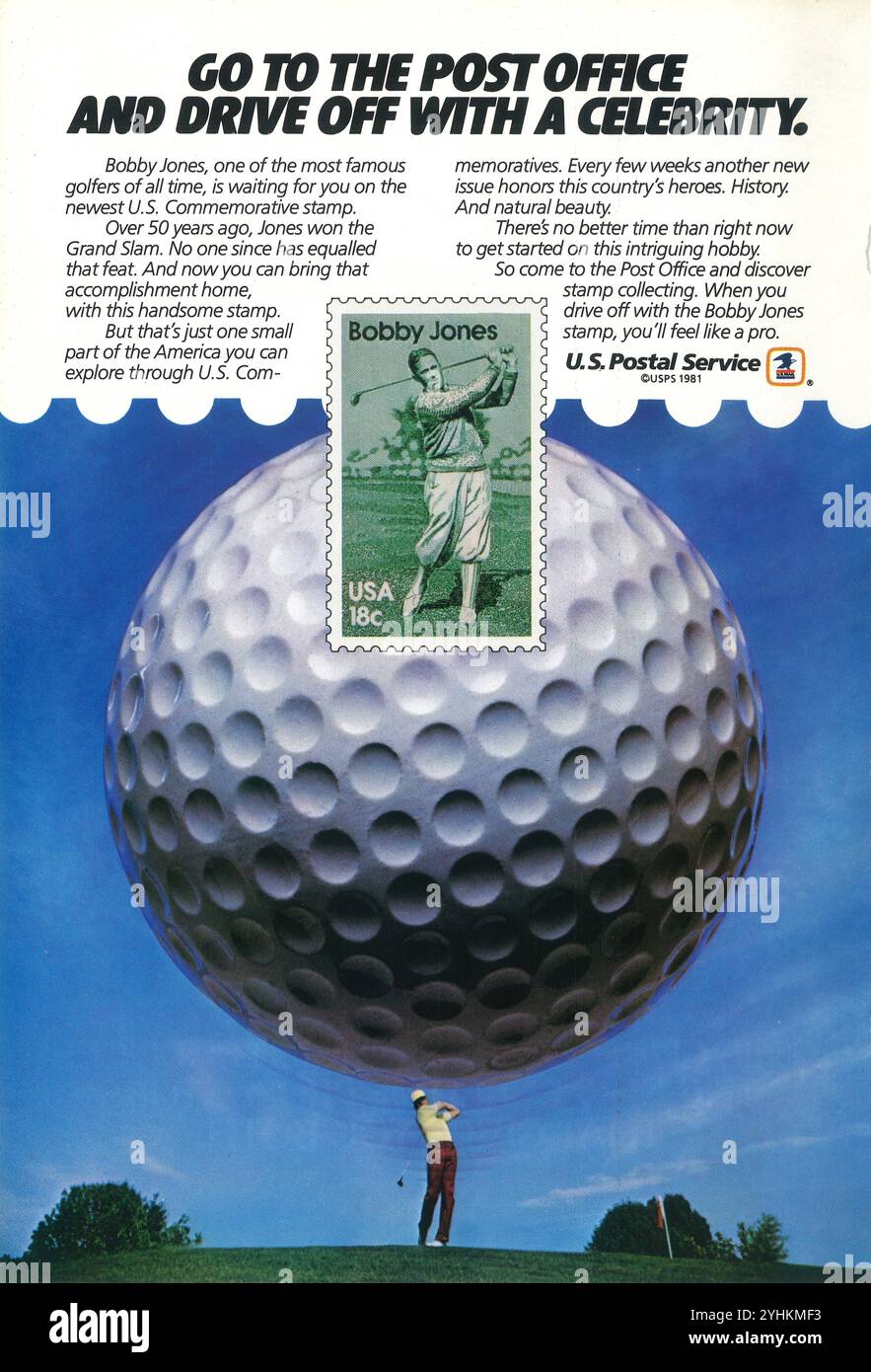 1981 USPS US Postal Service Anzeige - Golfspieler Bobby Jones Poststempel Stockfoto