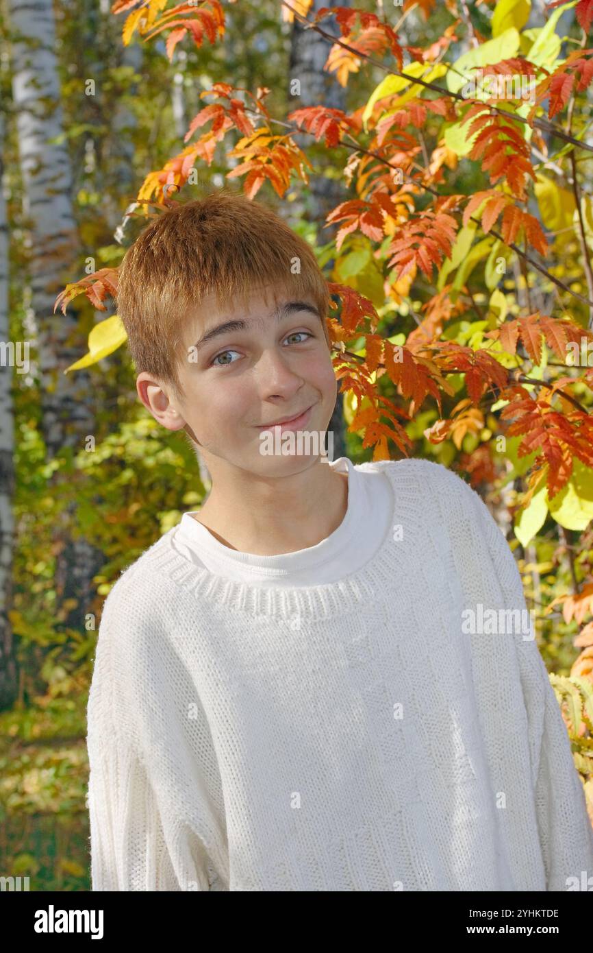 Glücklicher Junge steht neben dir im Herbstwald Stockfoto