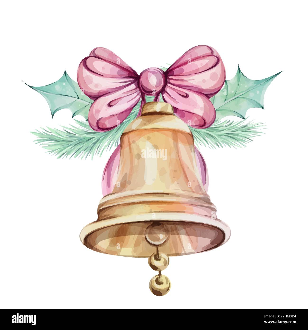Goldene Glocke mit Schleife, mit stechpalmengrünen Blättern und Tanne. Isoliert. Winterkomposition, Einrichtung. Abbildung handgezeichnet für Stock Vektor