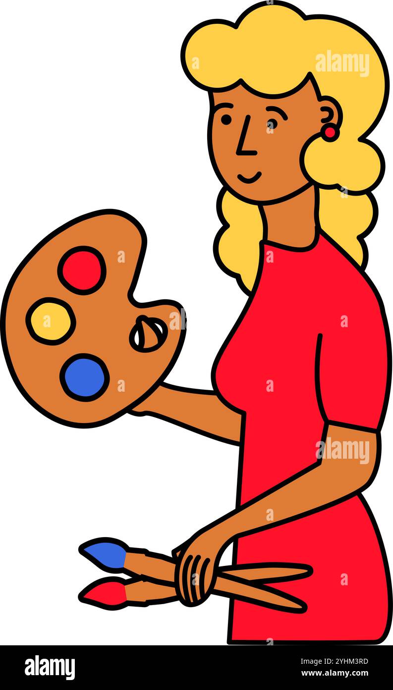 Vektor-Illustration einer Frau mit Pinseln und einer Palette im Umrisscartoon-Stil. Kreativer Geist französischer Kunst. Französische Kunstfestivals, kreativi Stock Vektor