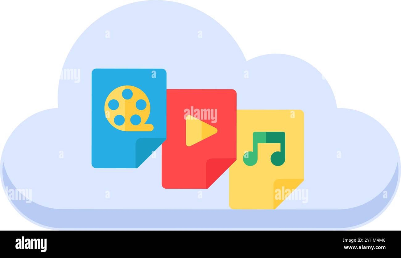 Symbole für Kinomusik und Multimedia-Dateien im Digital Cloud-Symbol. Cloud-Speicherung von Video- und Audio-Musikdateien Element. Einfache flache Vektor-isola Stock Vektor