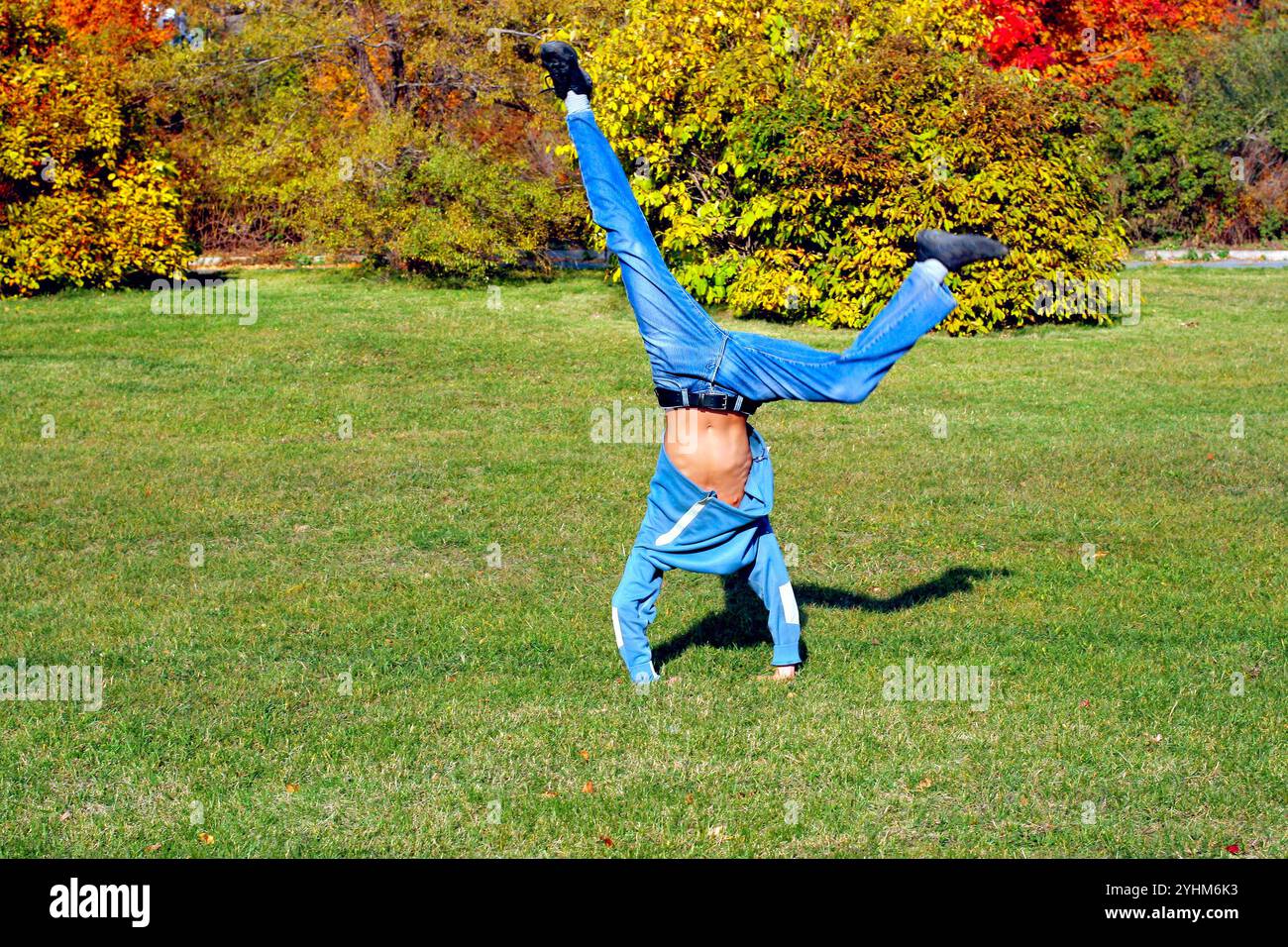 Somersault auf der Herbstwiese Stockfoto