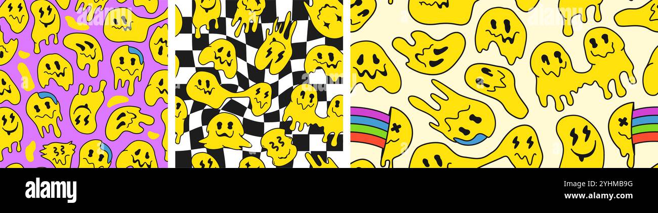 Trippiges Lächeln. Retro psychedelische Emoji Gesichter in Acid Rave oder Y2K Ästhetik, tropfendes geschmolzenes Blob Gesicht und lustige lächelnde nahtlose Muster Vektor Stock Vektor